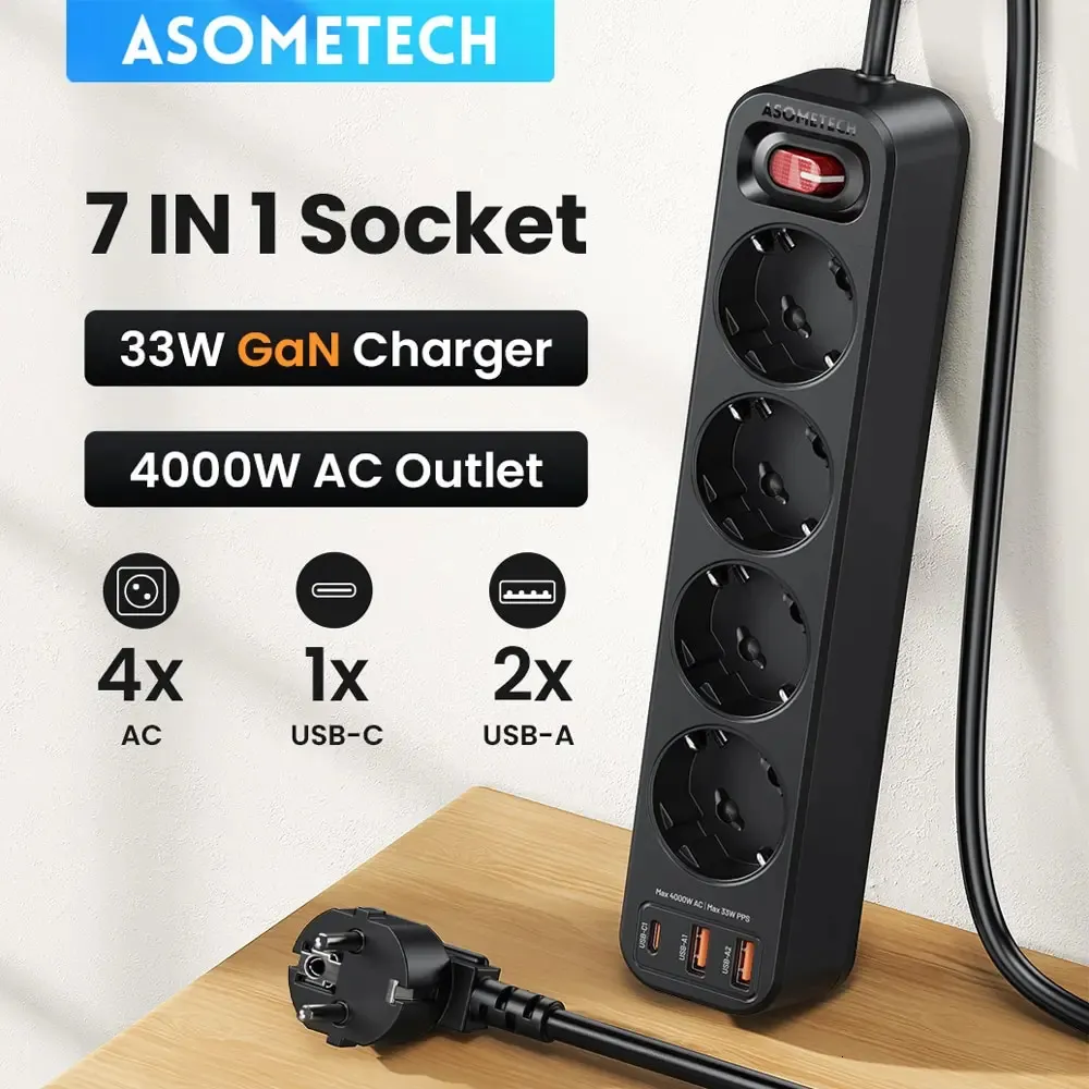JSVER Regleta De Enchufes Con 4 Tomas Y 4 Puertos USB (3 USB-A + 1 USB-C) – Cable 2m, Protección Contra Sobretensiones 1050J – Blanco