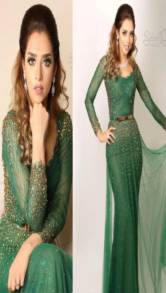 2017 Saudi Arabic Evening Dresses Green Bateau Lace Appliques Beaded Long Sheer Sleeves with Belt Prom Gowns9091878