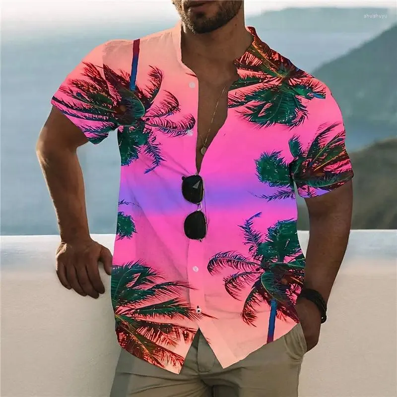 Men's Casual Shirts Shirt Hawaiian Pattern T-shirt Gorgeous Stand Up Collar Light Pink Yellow 3D Printing Outdoor Short Sleeved