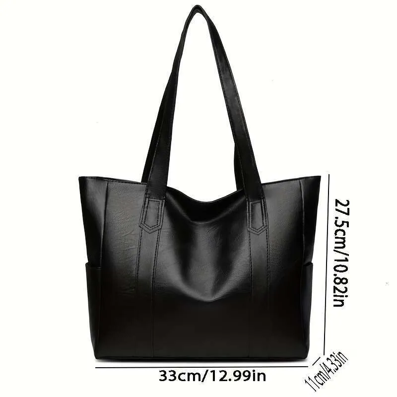 Faux Leather Tote Bag - Large Capacity, Solid Color, Zipper