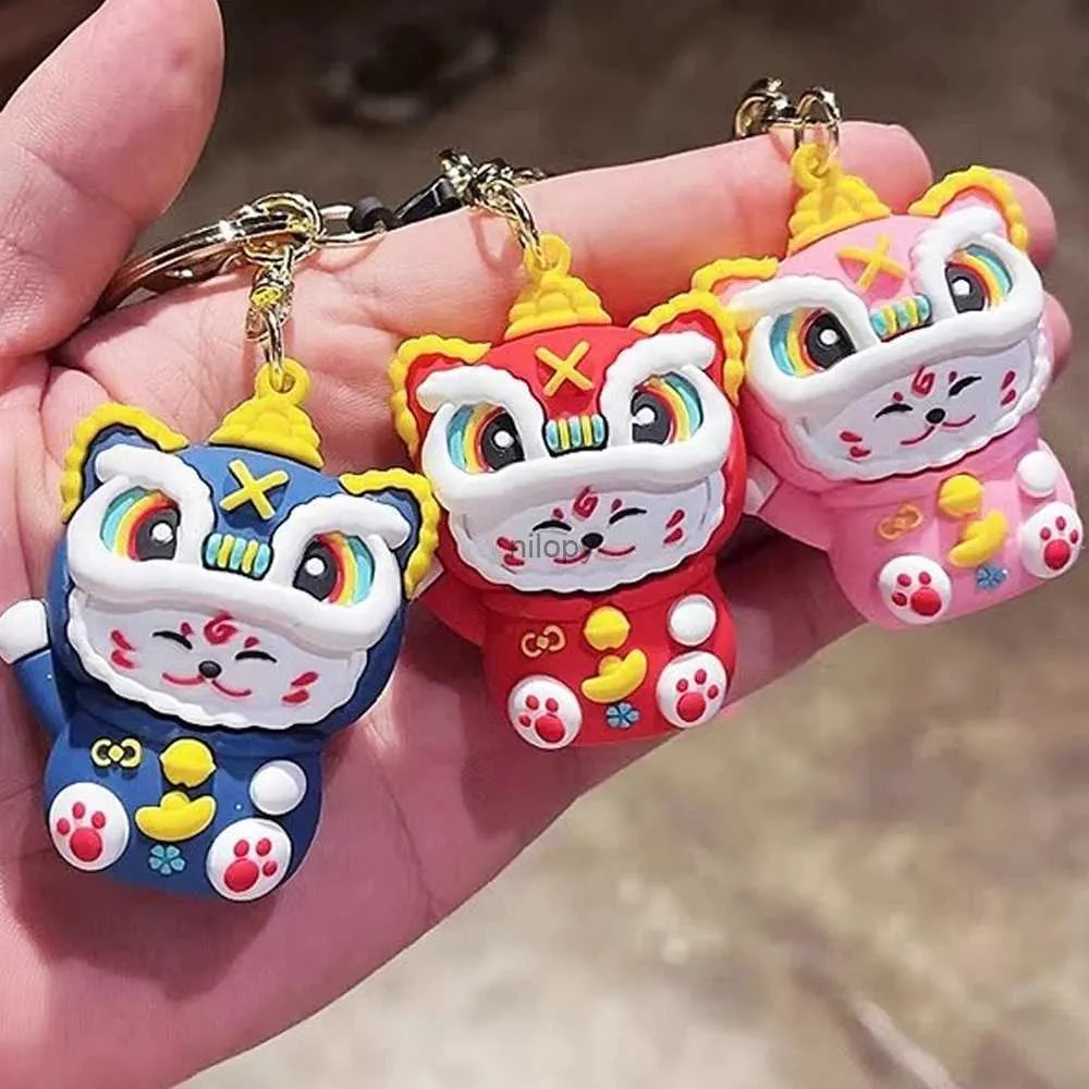 Keychains lanyards kinesisk stil tecknad uppvaknande lejon nyckelring söt lycklig kattfigur nyckelchain bilväska hänge tillbehör 2024 nyår gåva