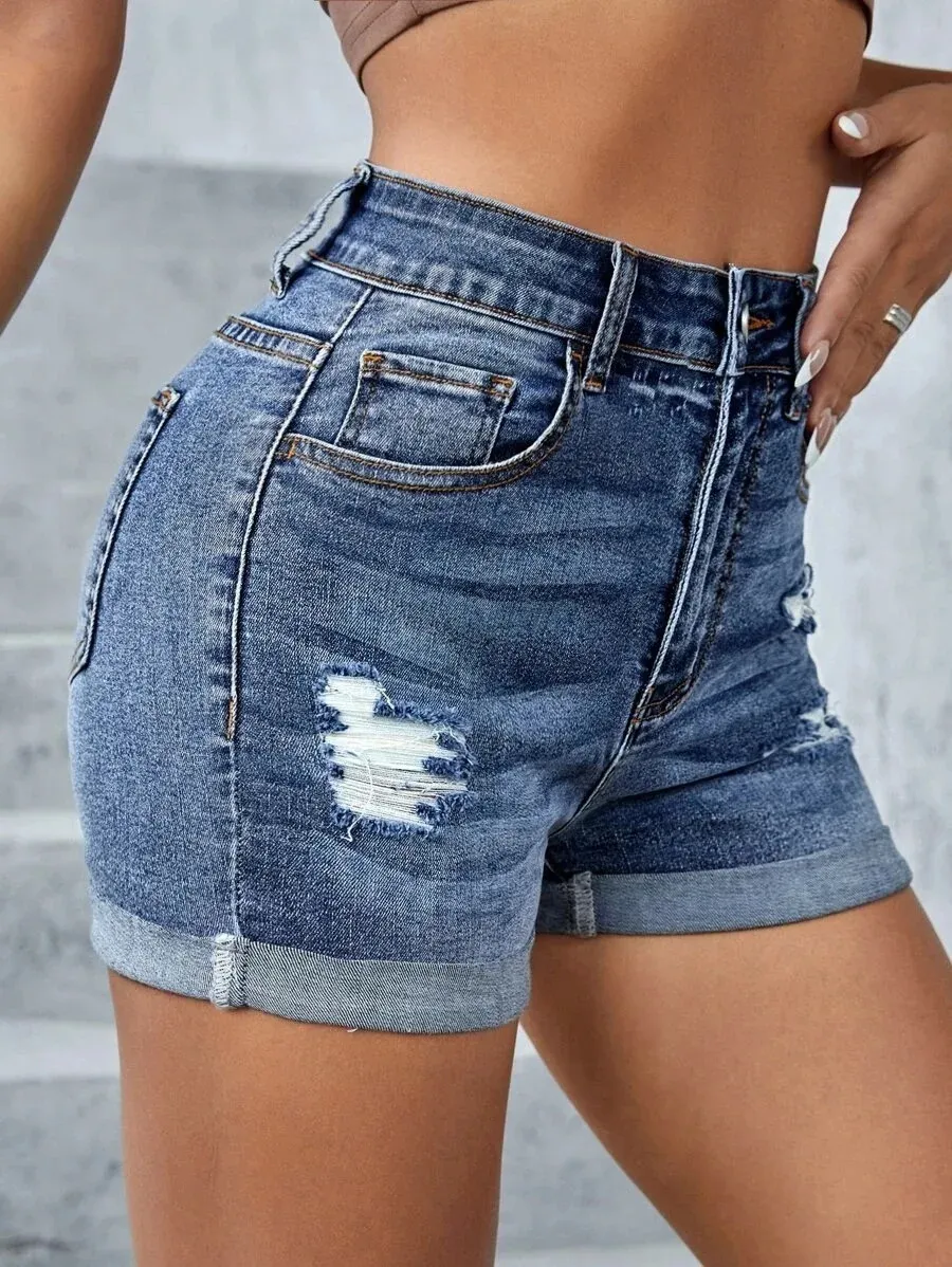 Summer Womens Midwaist Ripped Denim Shorts Fashion Sexy Elastic Rouled Skinny Jeans S2xl Drop 240415