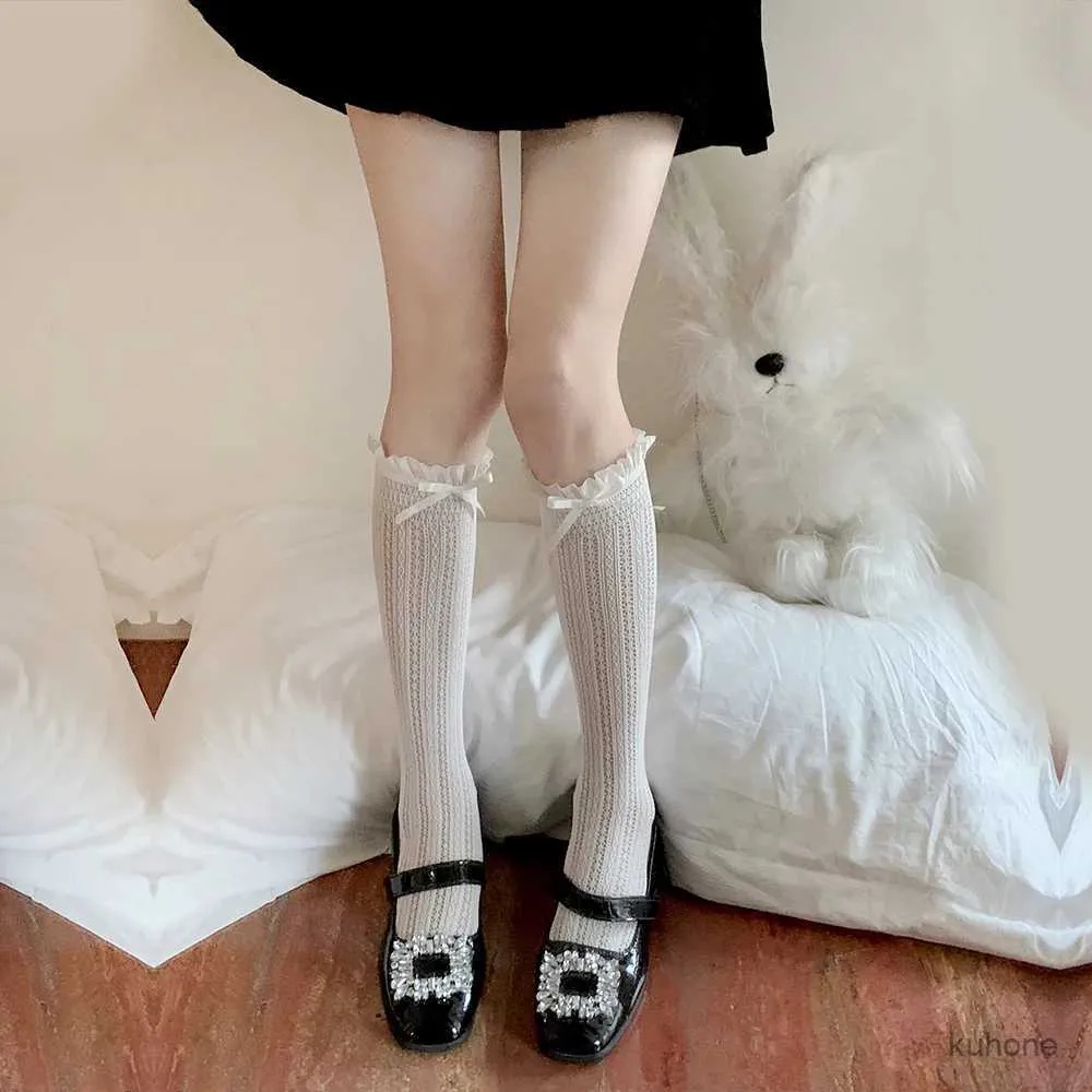Çoraplar Çorap Düz Renk Bowknot Hollow Dant Çoraplar Kadın Yaz Orta Tüp JK Lolita Sevimli Çoraplar Siyah Beyaz Fishnet Çorapları Kadınlar İçin