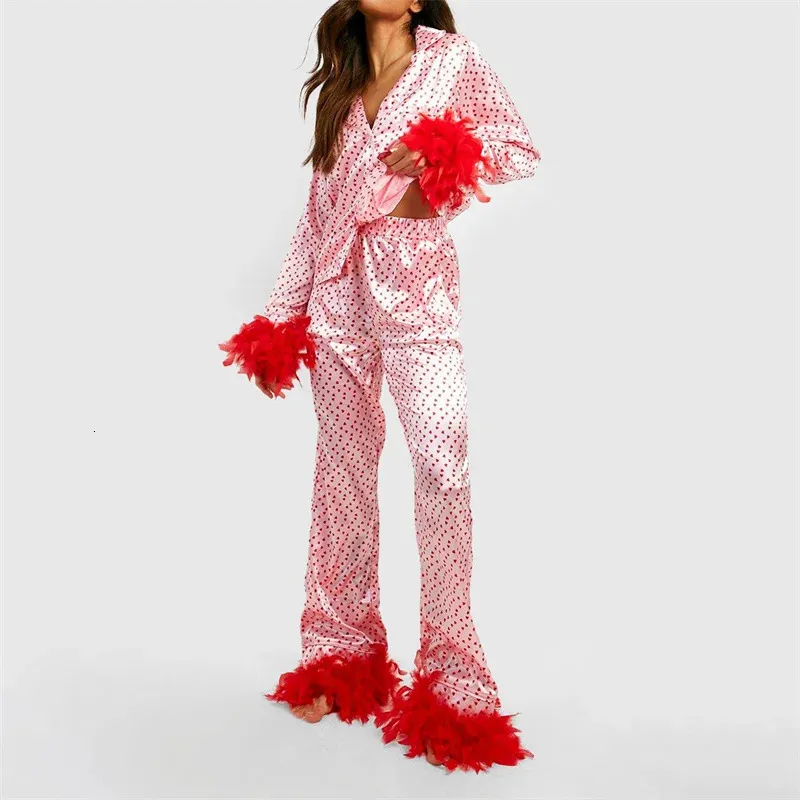 Xingqing Valentines Day Pyjamas Set Y2K Women Heart Print Feather Cuff Long Sleeve Tops With Long Pants Loungewear Sleepwear 240407