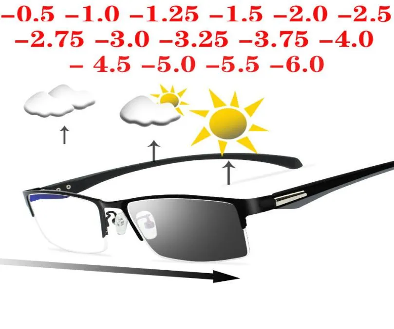 Sun Pochromic Myopia Eyeglasse Hommes Finies Chameleon Lens Prescription Lunets Half Metal Frame 05 075 10 2 TO 63528363