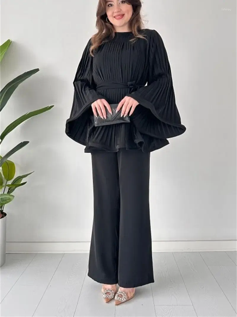 Pantalon de deux pièces pour femmes 2024 Fashion Flare Sleeve Lace Up Pleas Loose Top Solid O-Leck Blouse Femme Ligne large Jamouge 2