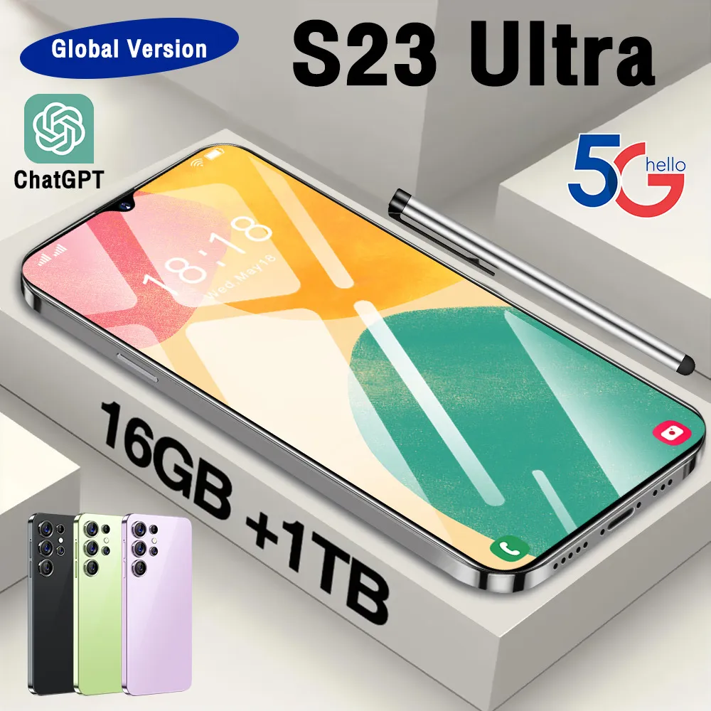 S23ULTRA Android Smartphone Tela de toque Tela colorido 4G 4GB 8GB RAM 64GB 128 GB 256GB ROM ROM 7,3 polegadas HD Tela Smart Wake Sensor Gravity suporta vários idiomas
