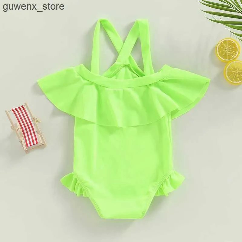 One-Pieces 1-4T Baby Girls Pure Color Sexy Cute Fluorescent Color Swimsuit Cute Off-Shoulder Sleeveless Ruffled Bikini Set Swimsuit Y240412 Y240412Y240417C4RV