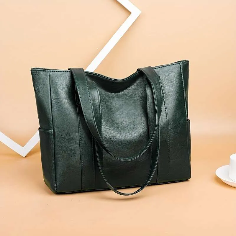 Faux Leather Tote Bag - Large Capacity, Solid Color, Zipper