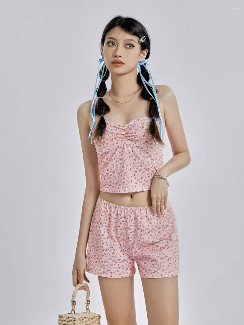 Tanks pour femmes femmes en deux pièces pyjama ensemble sans manches sans manchette bustier de bande floral short top sets 2 tenues d'été