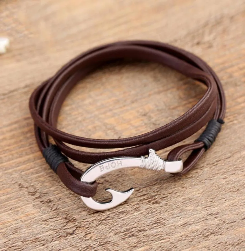 BFF2 Version coréenne de la populaire Bracelet de lignée de corde en cuir marron Bracelet Ancient Silver Fish Hook Bracelet Alliage d'ancrage B3937305