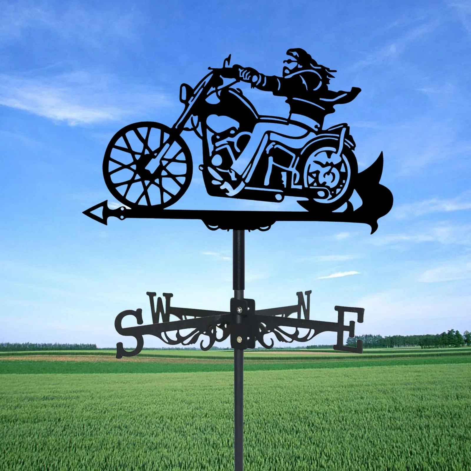 Motocicletta se silhouette arte arte nera in metallo motociclista di vento di vento da esterno decorazioni giardino per il tetto da cortile dell'edificio 240403