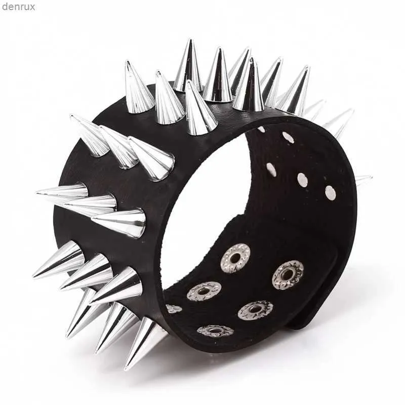 Other Bracelets Three Row Cuspidal Spikes Rivet Stud Wide Cuff Leather Punk Gothic Rock Unisex Bangle Bracelet Men JewelryL240415