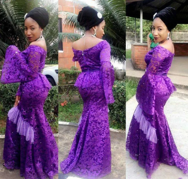 Purple Lace Poeta Długie rękawe sukienka na balsame rozmiar Aso Ebi Ebi Style Style wieczorne suknie