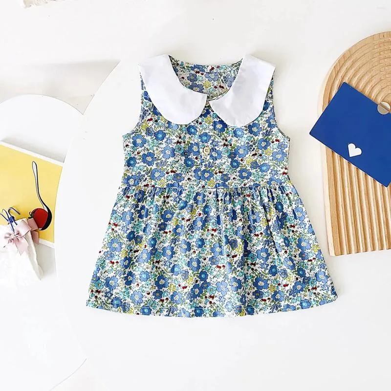 Girl Dresses Infant Girls Sleeveless Pure White Collar Floral Pattern Button Decoration Casual Face Print Dress First Birthday Outfit