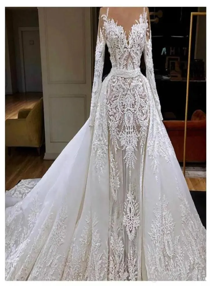 Robes de mariée de sirène réelle avec train détachable dentelle applique Train Générous country Robe nuptiale à manches longues merde9130799