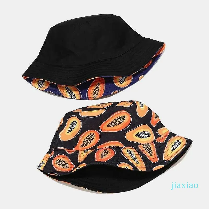 Wide Brim Tropical Fruit Papaya Pattern Bucket Hats Men Double Side Basin Caps Male Sunscreen Fisherman Hat