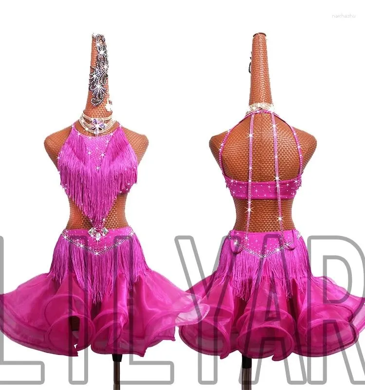 Costume de danse latine de la scène dans des franges roses et paillettes élégantes