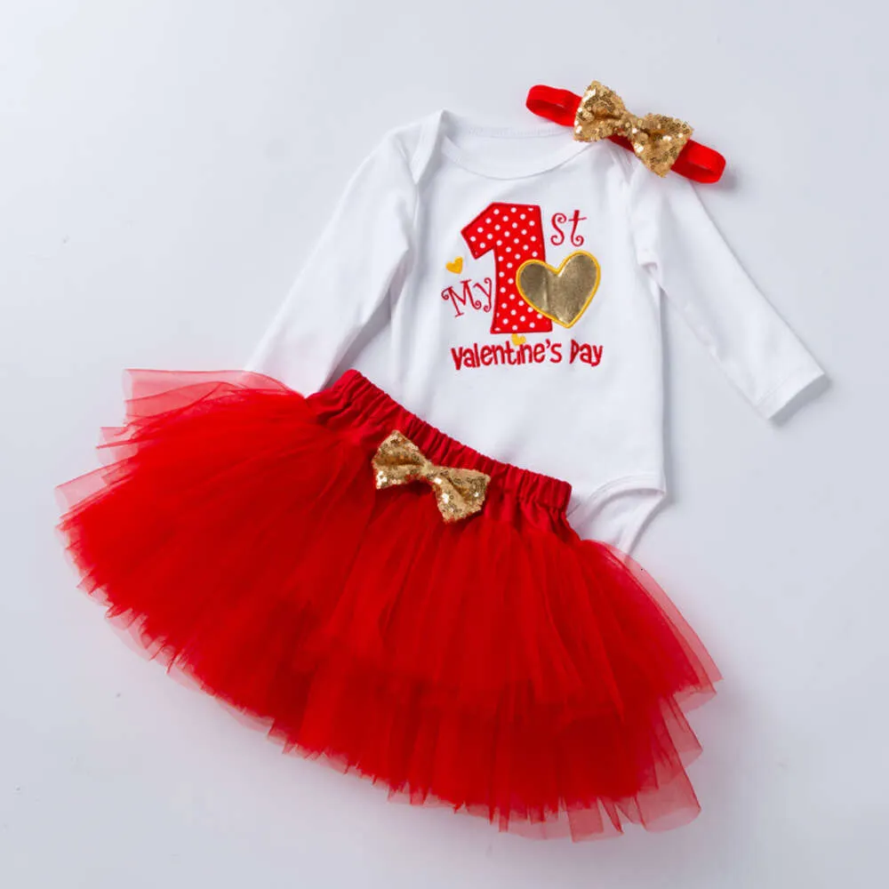 Autumn Spring e New Product Girl Baby Bordado fofo Letra 1 Manga longa Sweetheart Rose Red Princess Dress Set