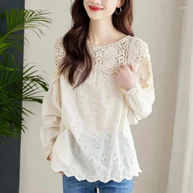 Blouses pour femmes 2024 Sumou Round Couge Top Loose Casual Crective Lace Pullover