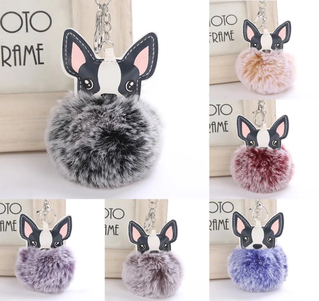 y Kaninchenpelzball Französische Bulldoggenschlüsselkäse Pompom Schlüsselkette PU Leder Tierhund Keyring Halterbeutel ChaVeiros2107544