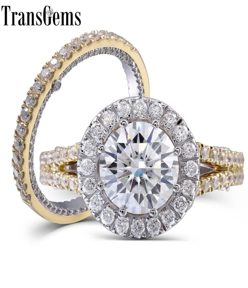 Transgems Solid 14K Wit en geel midden 3 -karaats 9 mm F kleurloze Moissanite Engagement Wedding Ring Set met accenten 2 stuks Y7366055