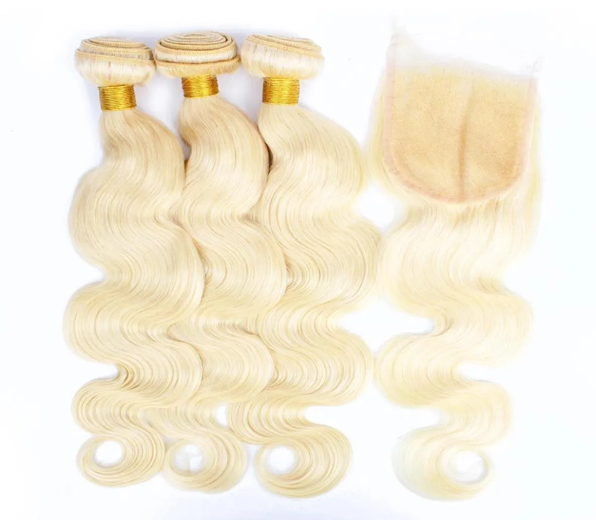 Kisshair 613 Blonde 3 paquets avec 4x4 Ferme en dentelle Human Fair tisser Bundles Brazilian Body Wave Virgin Remy Remy Hair Extensions for W6621319