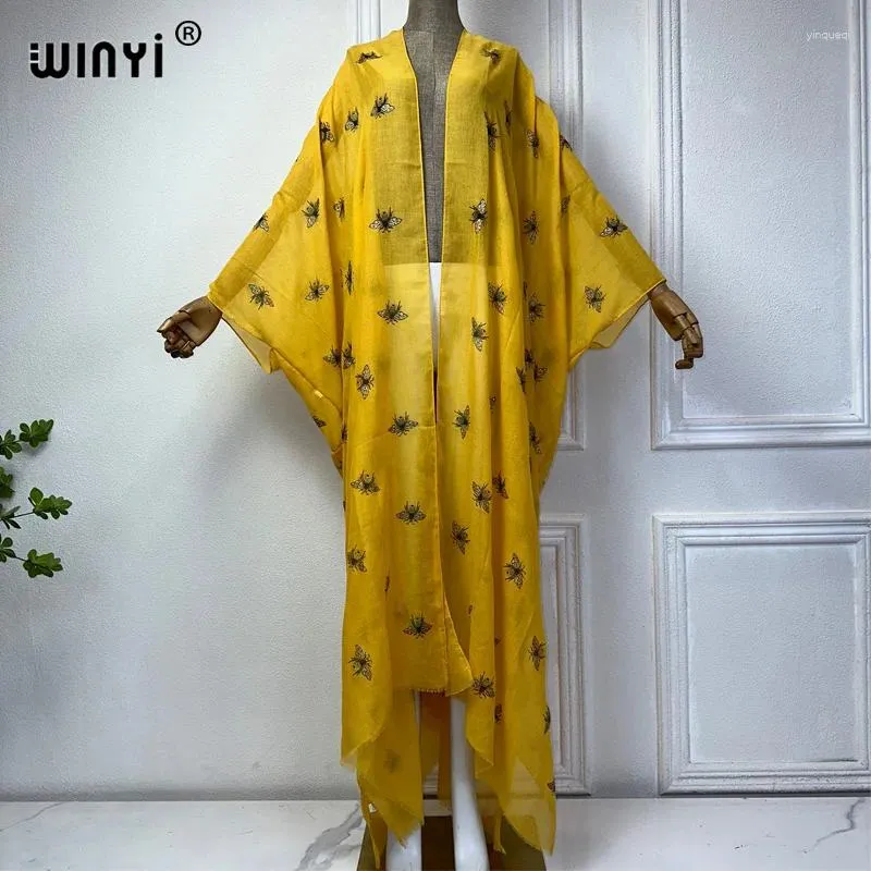 Summer 2024 WINYI Kimono Boho Dress Beach Wear Cover-up Elegant Cardigan Outfits For Women Stamping Printing Coat