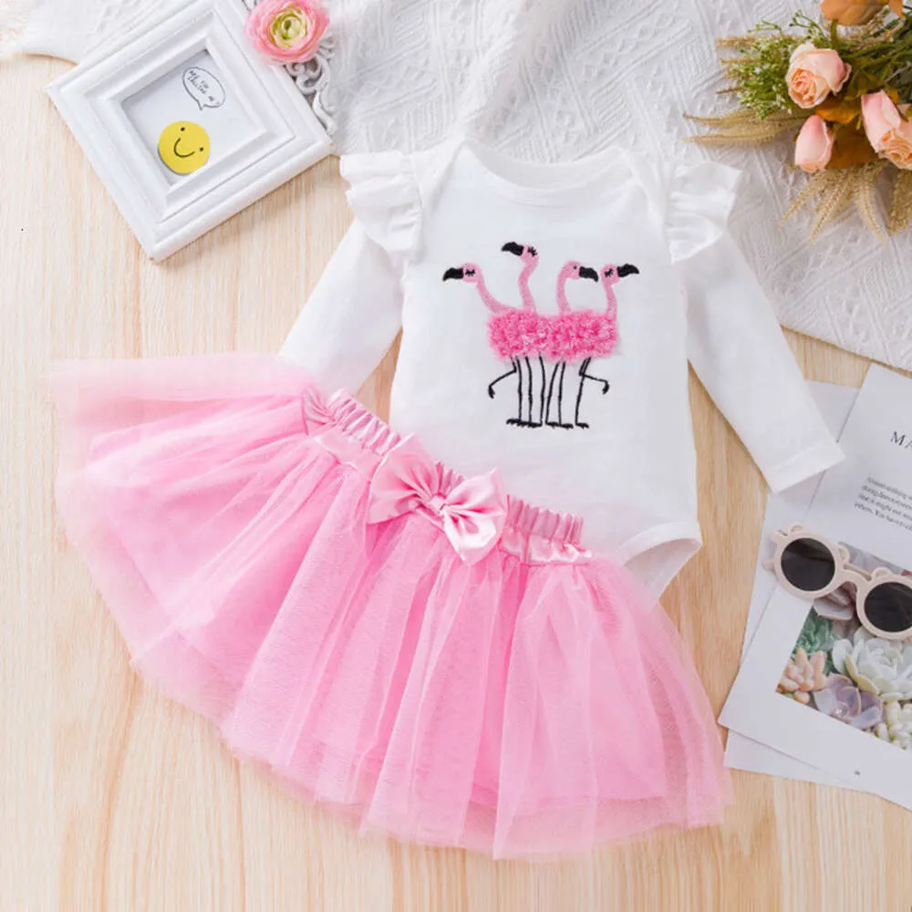 Clothing and Children's Baby Clothing Set, Embroidered Flamingo Flying Sleeves, Cardigan Princess Skirt, 2-piece Set