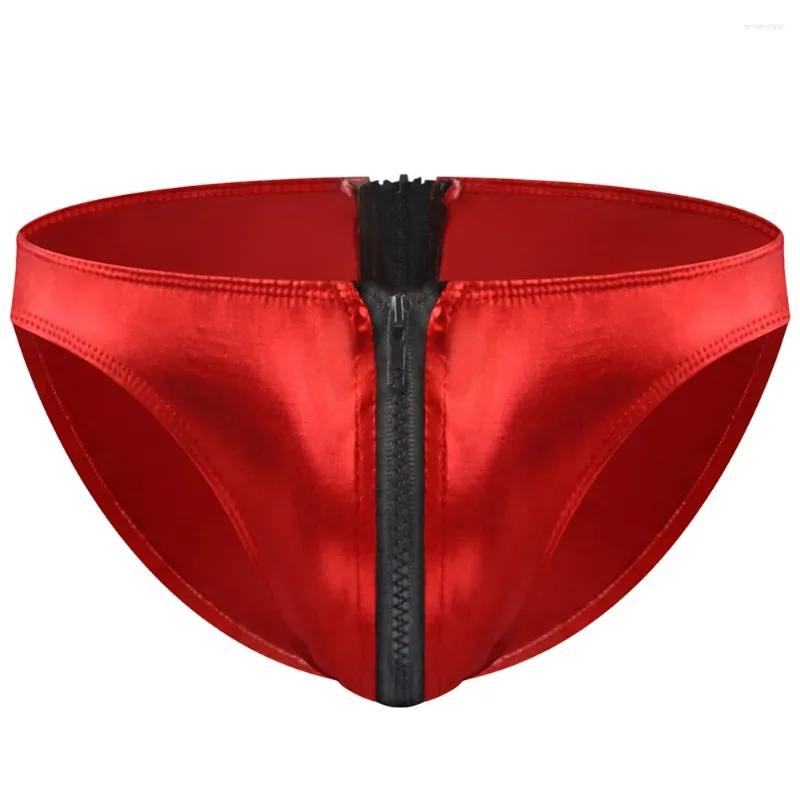 Underpants Men's Low Waist Imitation Leather Double Zippered Bulge Pouch Briefs Panties Jockstraps Bikini Underwear