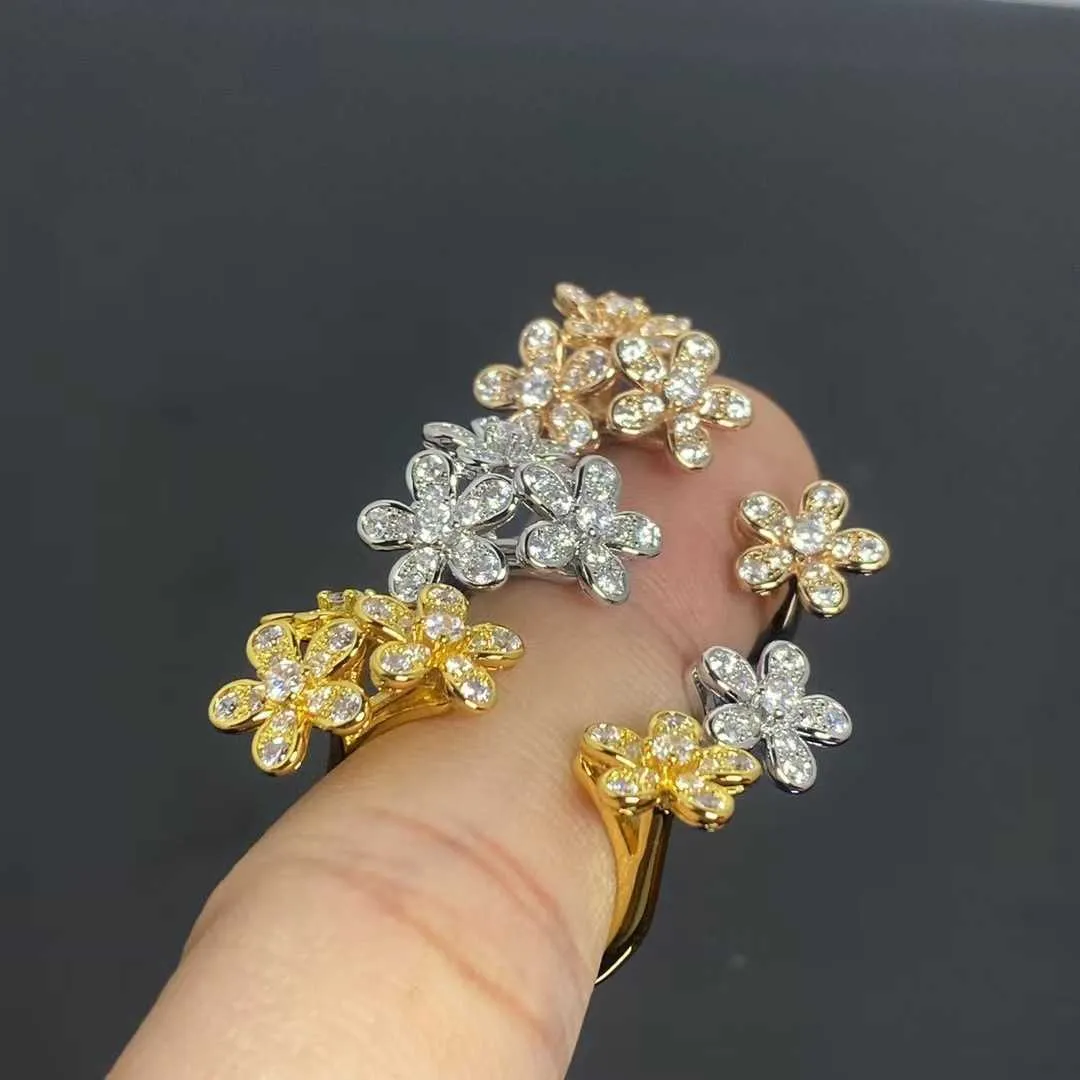 Marca original van novo conjunto de flores diamante anel de jóias brancas de ouro rosa completo