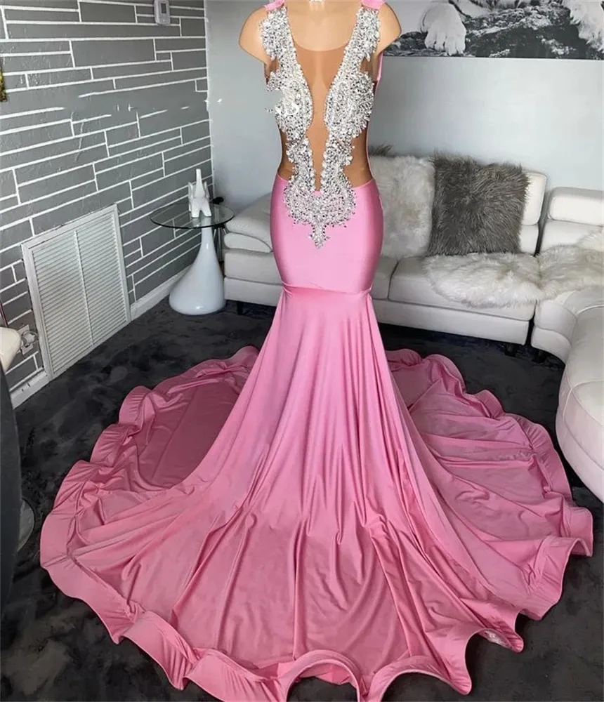 Pink O Neck Mermaid Prom Dresses For Black Girls Beaded Crystal Rhinestone Long Birthday Party Formal Gown Robe De Bal