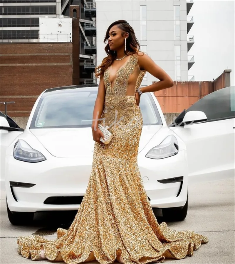 Plus Size Diamond Gold Prom Dresses For Black Women Sexy Deep V Neck Mermaid Evening Dress Beaded Sequin Aso African Formal Party Dress 2024 Vestidos De Noite Abiye