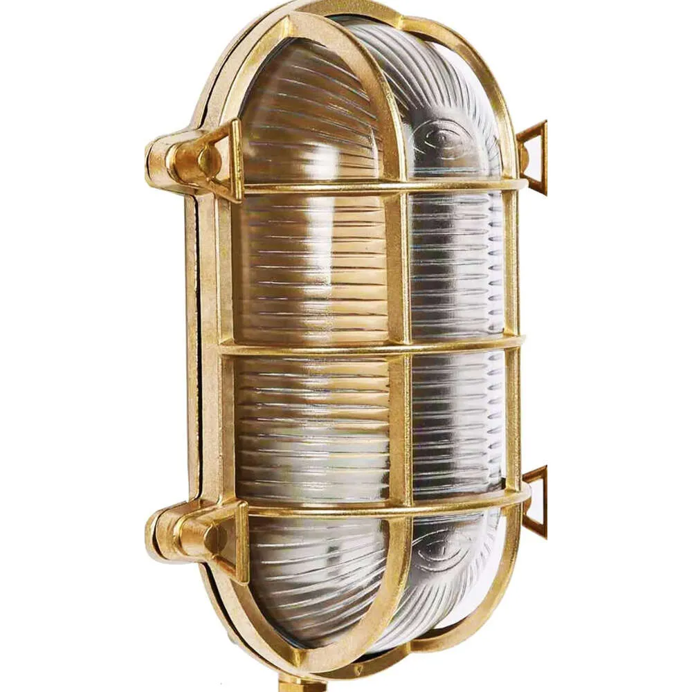 Pure Brass Bulkhead LightGrid Round Nautical Wall Light with Brass Lampshade - Ceiling Mount Light for Wet Locations, Rust Resistant and Waterproof IP65