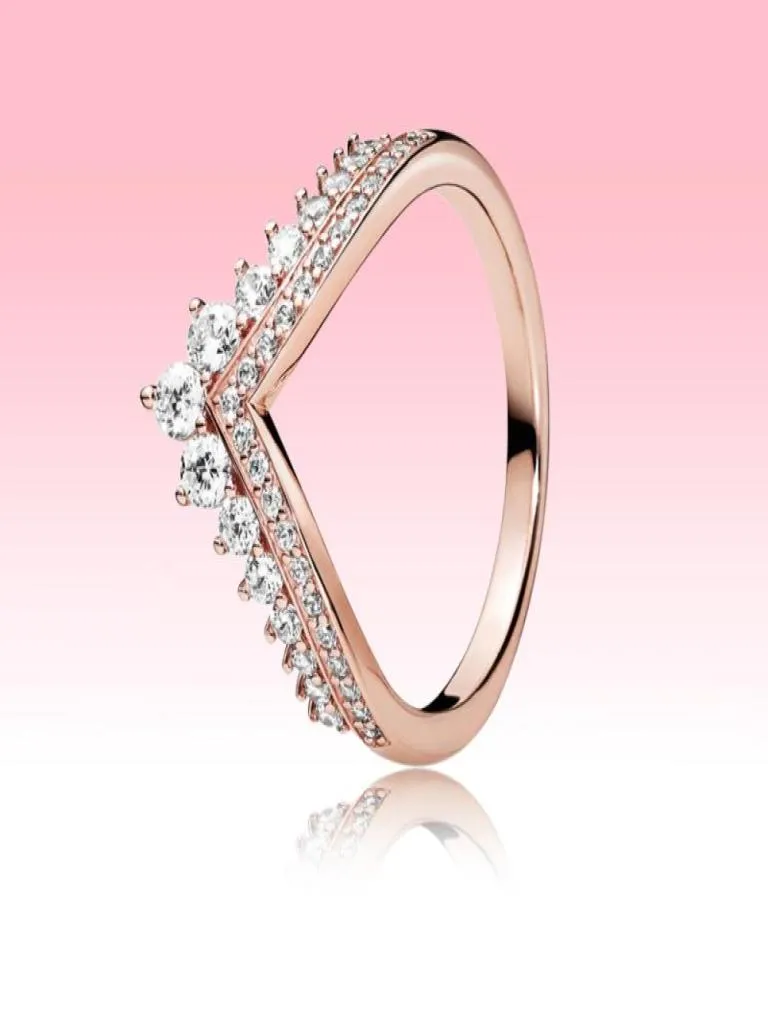 18k Rose Bating Weding Ring Women Girls Princess Wish Rings para 925 Sterling Silver CZ Diamond Ring Set com Box3523219 original