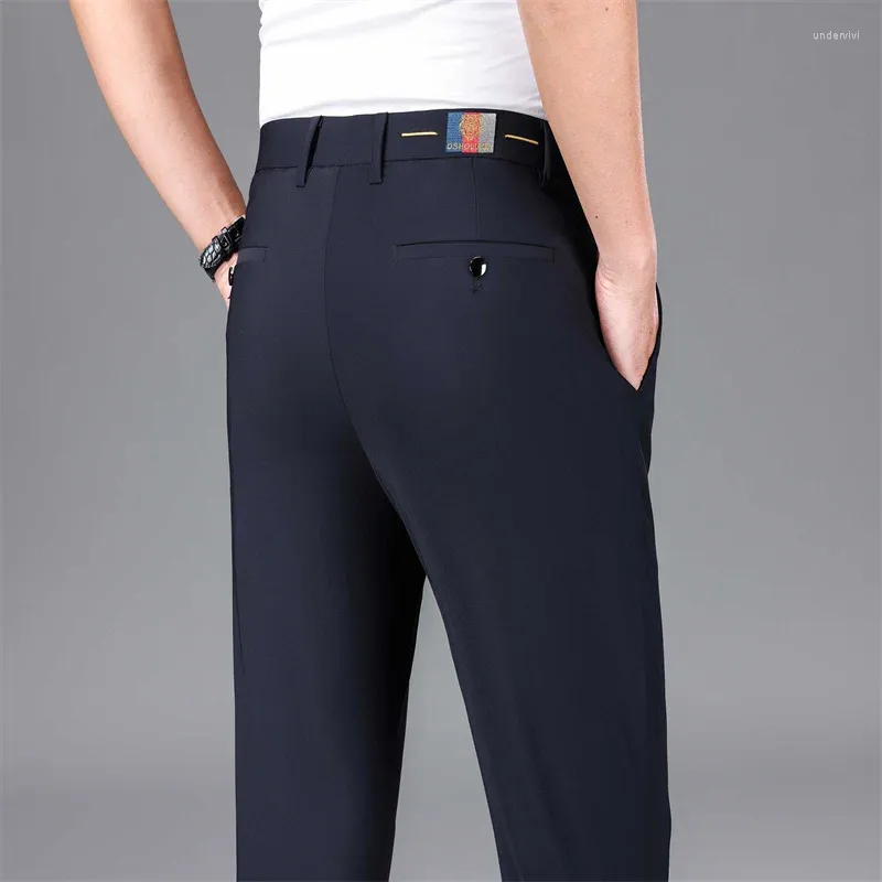 Pantalon masculin Blue Elastic Ice Silk décontracté été ultra-mince confortable Business à séchage rapide sans fer pantalon droit lâche