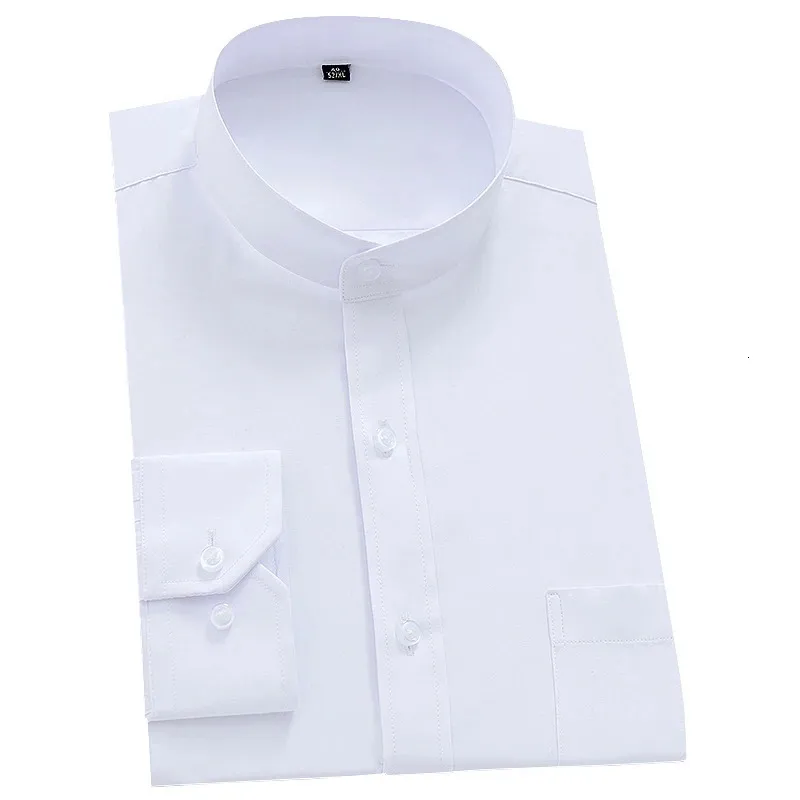 マンダリンのバシネス男性のためのフォーマルシャツChinease Stand Collar Solid Plain White Dressシャツレギュラーフィット長スリーブ男性トップ240407