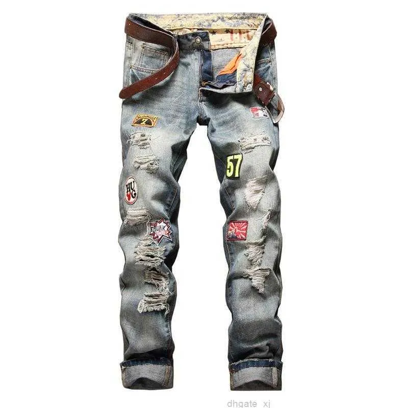 2020 Hot Sale Europe e America Brand Robin Straight Bowl Crachá para Hole em Mid Patches Mid Zipper Jeans Men mens