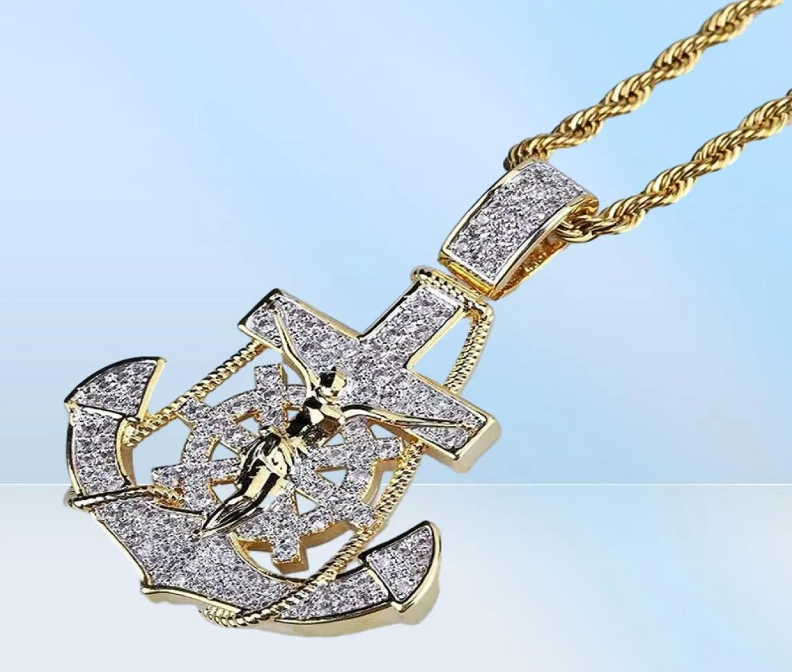 IED OUT Anchor Pendant Colliers for Men Luxury Designer Mens Bling Diamond Rudder Pendants 18K Gold plaqué Hip Hop Zircon Jewelry8072101