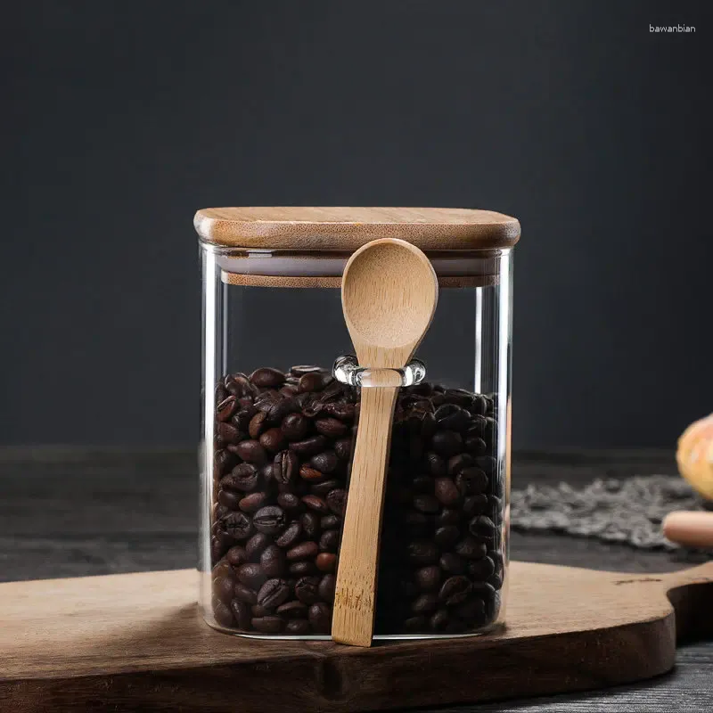 Bouteilles de rangement bref pots en verre carré vides transparents avec couvercles en bambou haricots épices sèches alimentaires