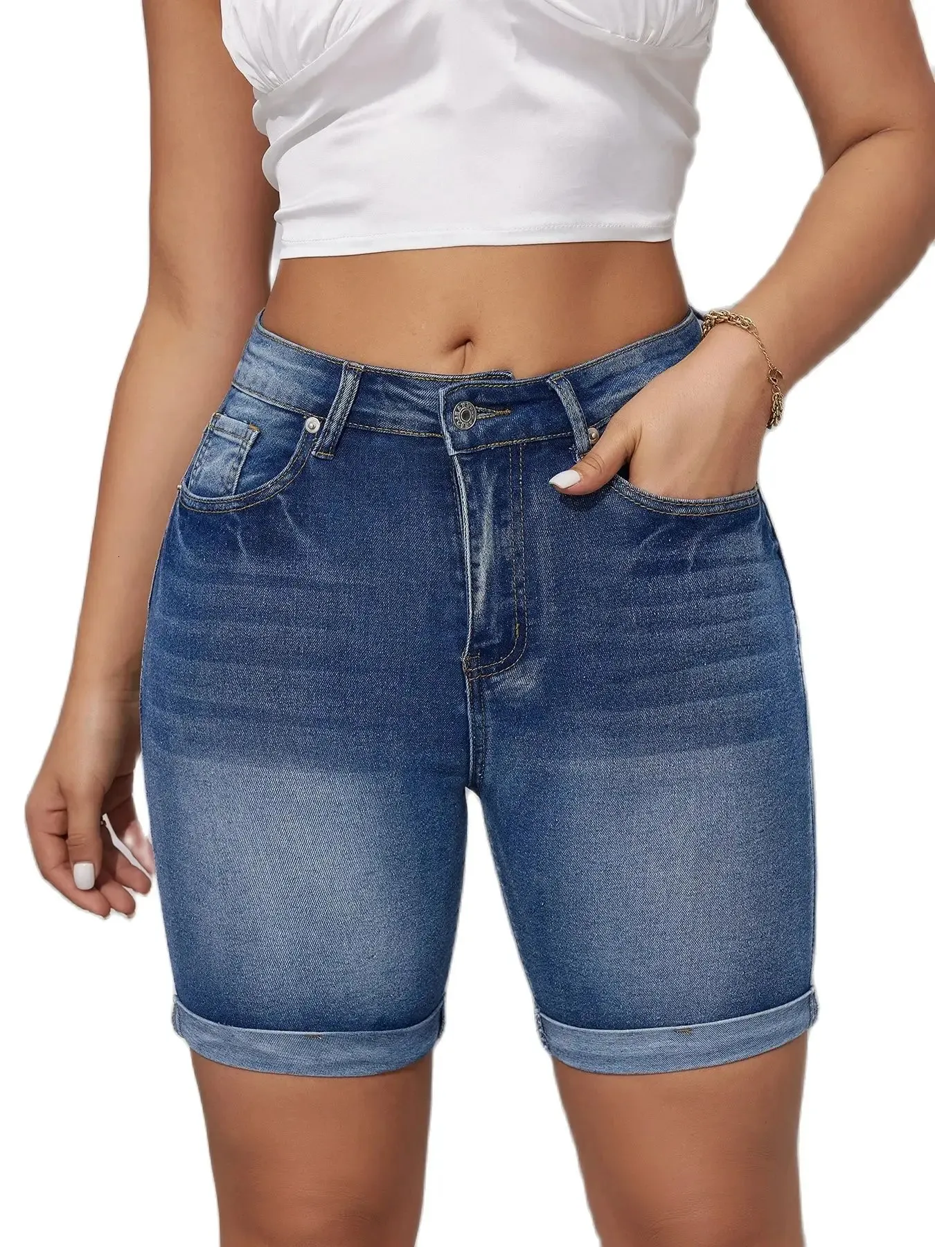 Summer High Waist Ripped Denim Shorts For Women Fashion Stretch Skinny Knee Length Jeans Casual Female Clothing 240415