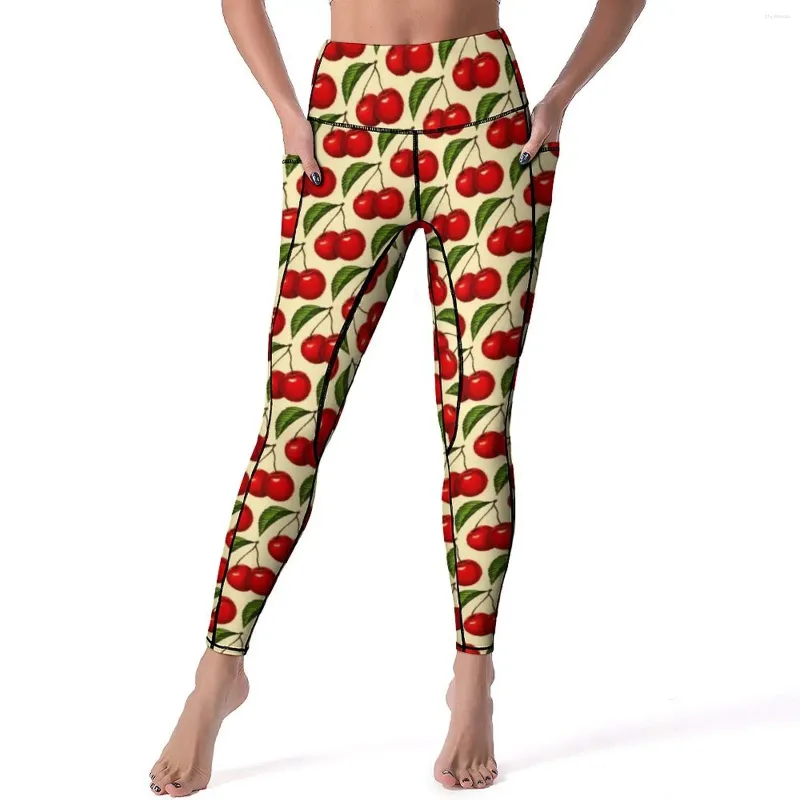 Active Pants Red Fruit Print Yoga Cherry Mönster Gym Leggings Push Up Elastic Sport Sexig Design Legging Birthday Present