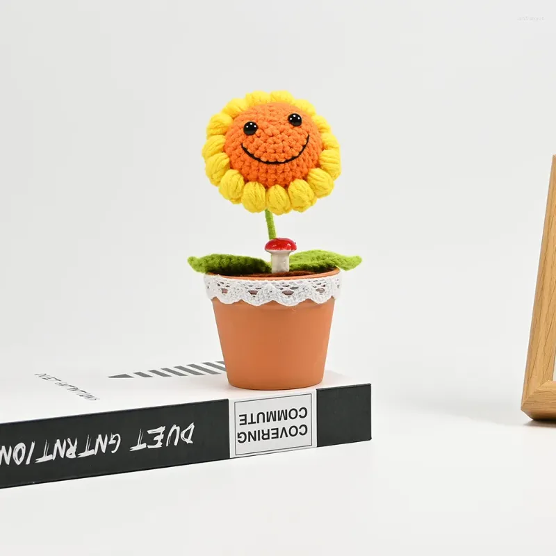 Dekorativa blommor virkade leende solros kruka växt konstgjorda bonsai vävda gåvor till far hem bord oranments kontor skrivbordsdekor