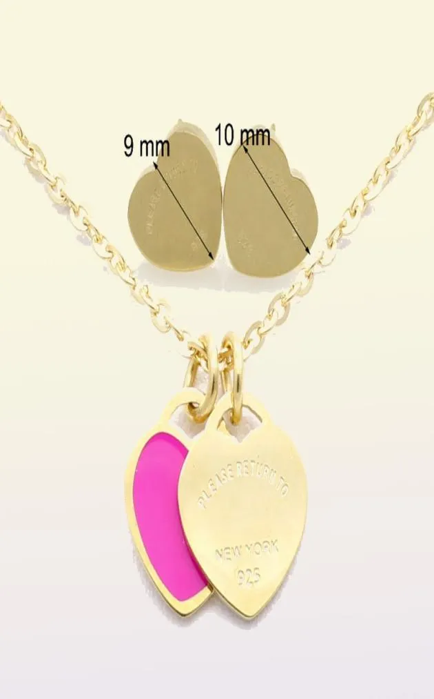 Newest Brands Double heart t enamel colors charms necklace earring set party jewelry stainless steel women luxury necklaces earrin8937462