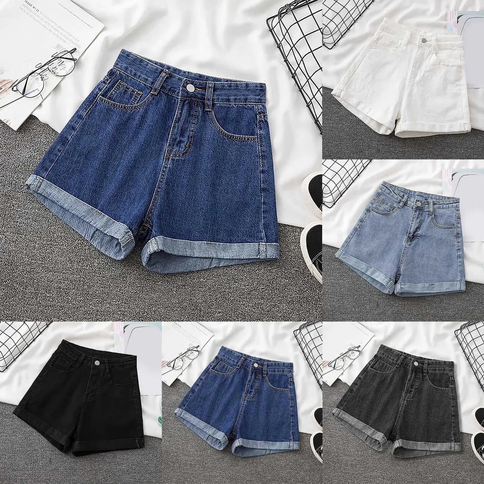 Kvinnor i midjan denim shorts höft wrap rullade upp jeans kort sommar avslappnad daglig petite för vintage gata slitage 240415