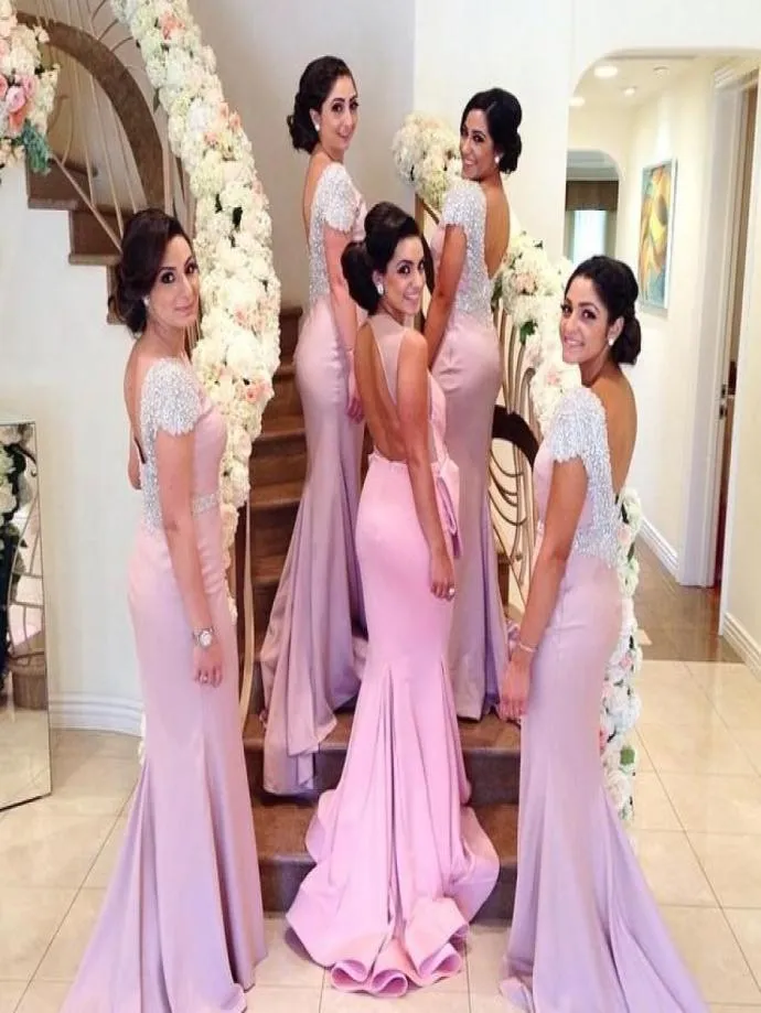 Most Beautiful Pink Bateau Backless Court Train Cap Sleeve Mermaid Wedding Evening Bridesmaid Dresses Formal Maid Of Honor Gowns6638953