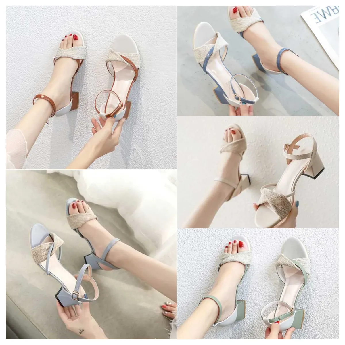 2024 Luxury Thick heeled sandals for women white blue versatile in summer gentle in the middle heel Roman buckle strap high heels
