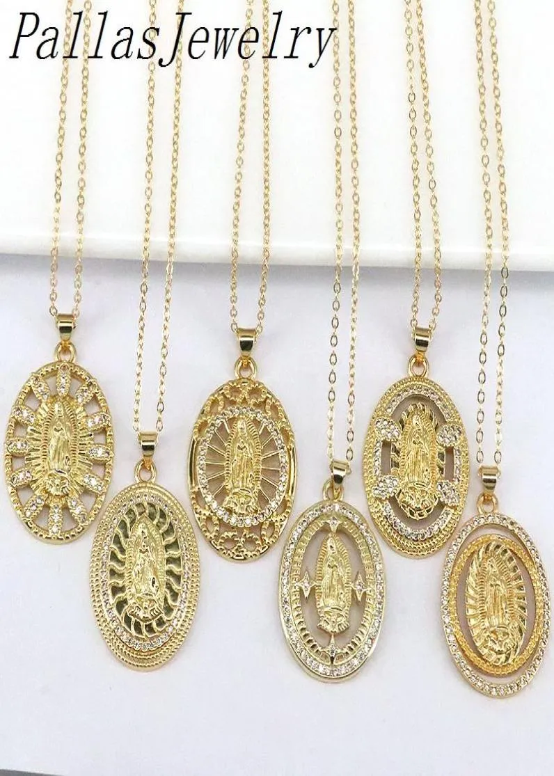 Pendant Necklaces 10Pcs Vintage Gold Plated Crystal Zircon Virgin Mary Necklace For Women Female Trendy Charms Religious Jewelry G2696329