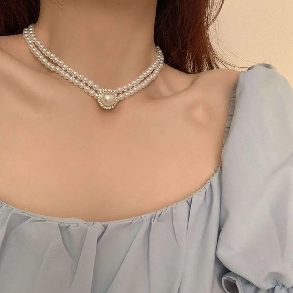 Temperament Short Style Diamond Studded Pearl Necklace, Versatile For Women, Simple Double Layer Rice Bead Collone Chain Chain