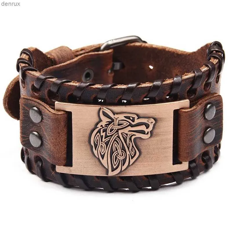 Other Bracelets Vintage Viking Leather Braided Bracelet for Men Celtic Wolf Head Bracelets Classic Animal Motifs Jewelry On The Hand AccessoriesL240415
